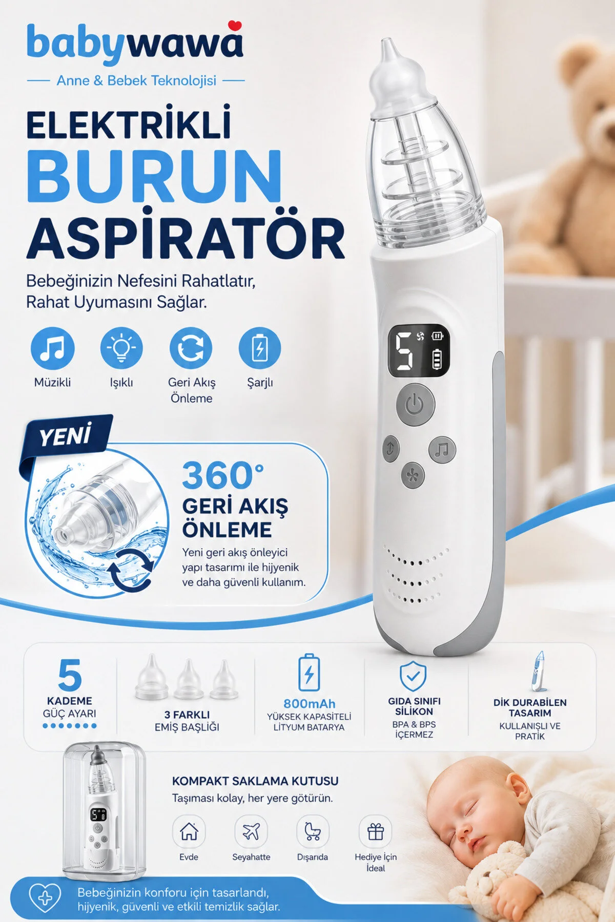 babywawa H-032 Elektrikli Burun Aspirat&ouml;r&uuml; 0-12 Yaş Şarjlı Nazal Aspirat&ouml;r 5 Kademe G&uuml;&ccedil;l&uuml; Vakum LED Işıklı M&uuml;zikli