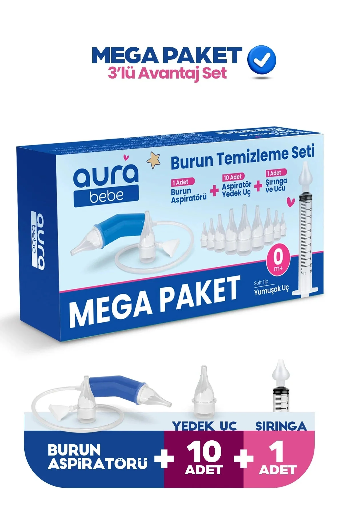 Aura Bebe MEGA PAKET Burun Aspirat&ouml;r&uuml;, 10 Adet Aspirat&ouml;r Yedek U&ccedil; ve Burun Temizleme Şırıngası Enjekt&ouml;r&uuml;